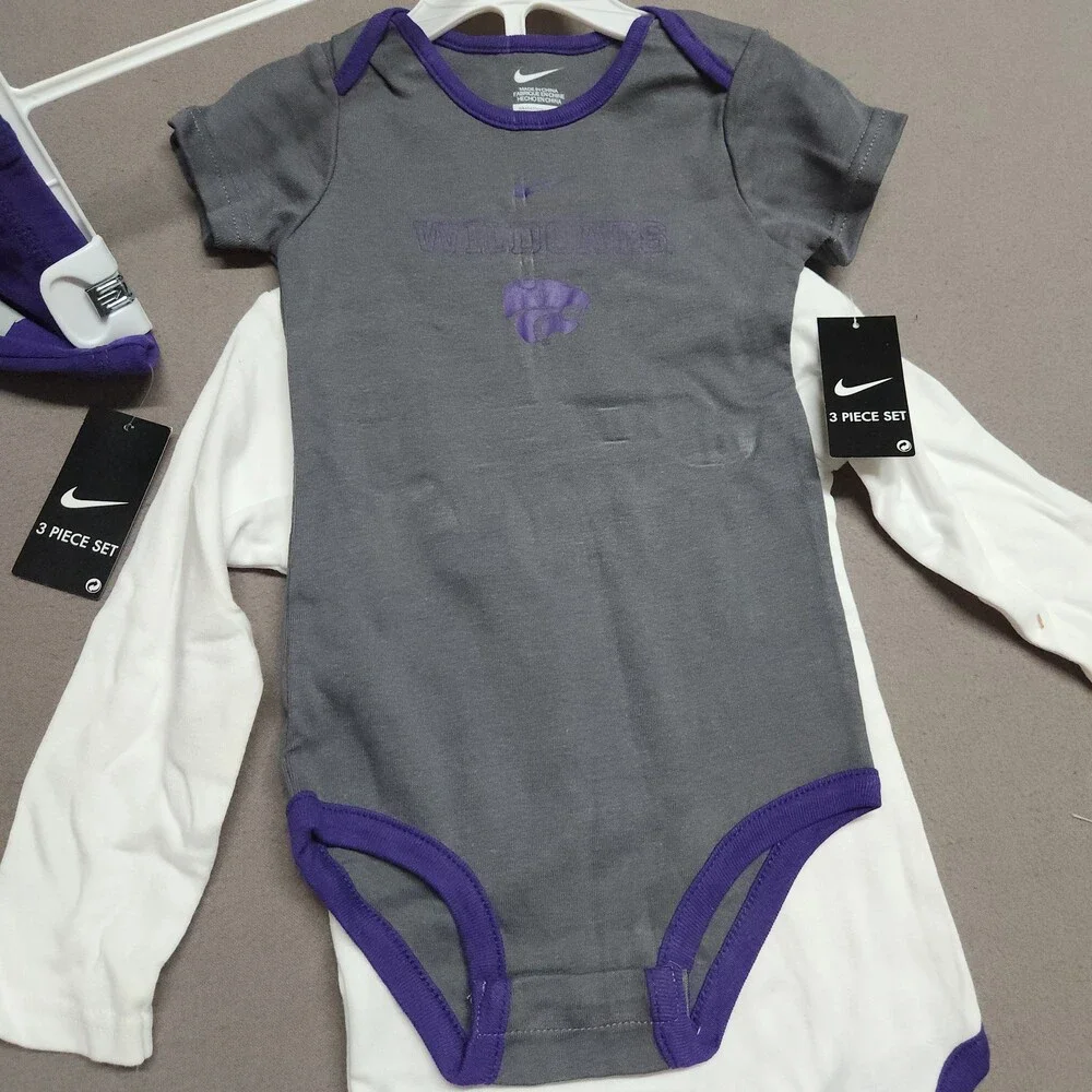 Nike Kansas State Wildcats 3 Piece Infant Bodysuit Pants Set 24M Gray Purple 148
